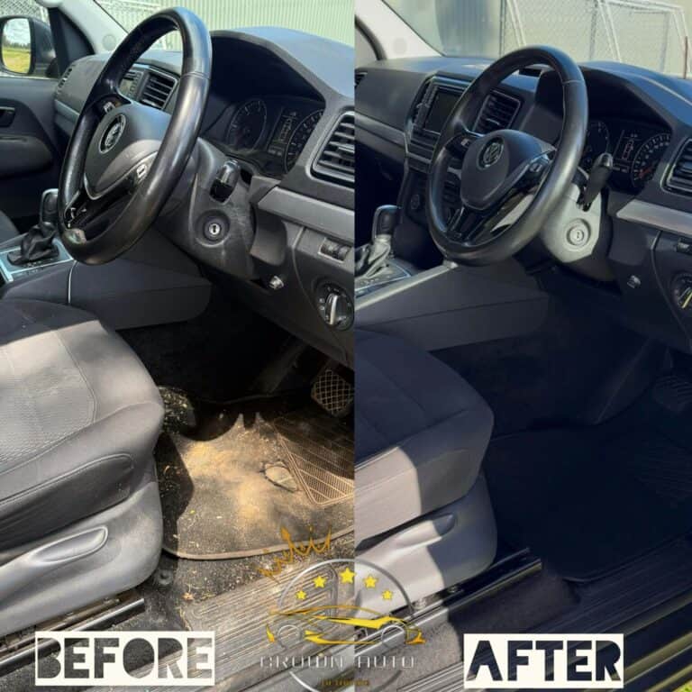 Before and after car interior detailing showing cleaned seats and dashboard in Perth.