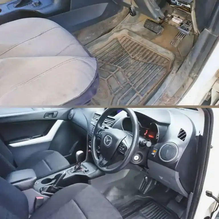 Before and after car interior detailing showing cleaned seats and dashboard in Perth.