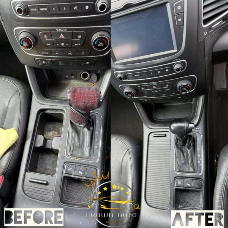 Before and after car interior detailing showing cleaned seats and dashboard in Perth.